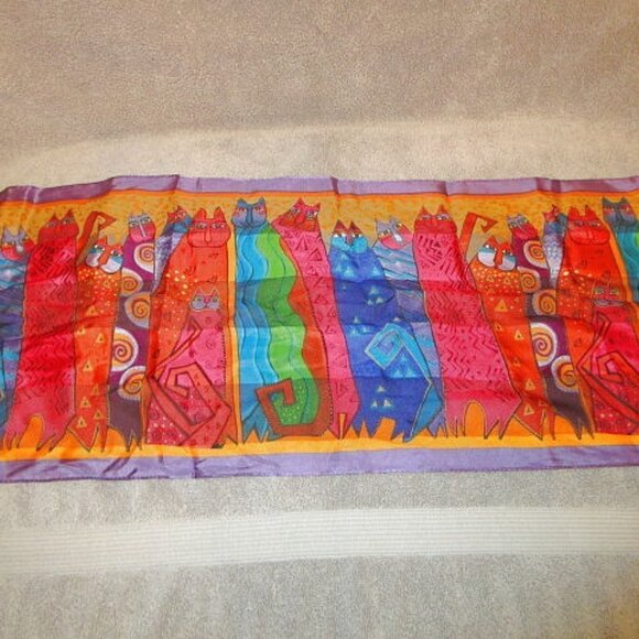 Vtg Laurel Burch Silk Scarf Fantastic Felines Rainbow Cat Kitty Art To Wear NWT - Picture 10 of 11